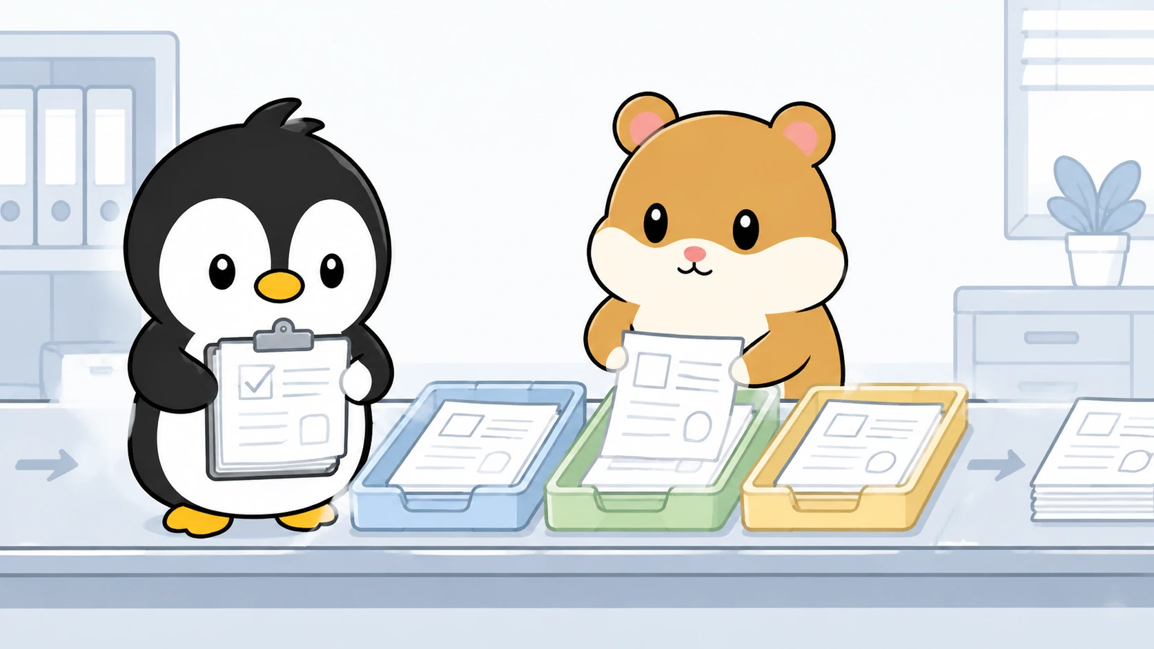 アイペンちゃんとハムスターが、見積書や注文票を色分けトレーへ整理している営業事務向けイラスト