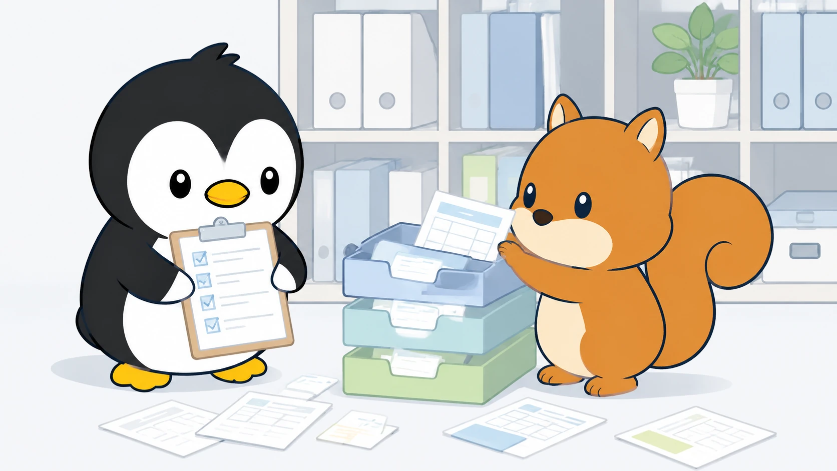 アイペンちゃんとリスが、共有棚の文書を用途別ボックスへ整理している一般事務向けイラスト