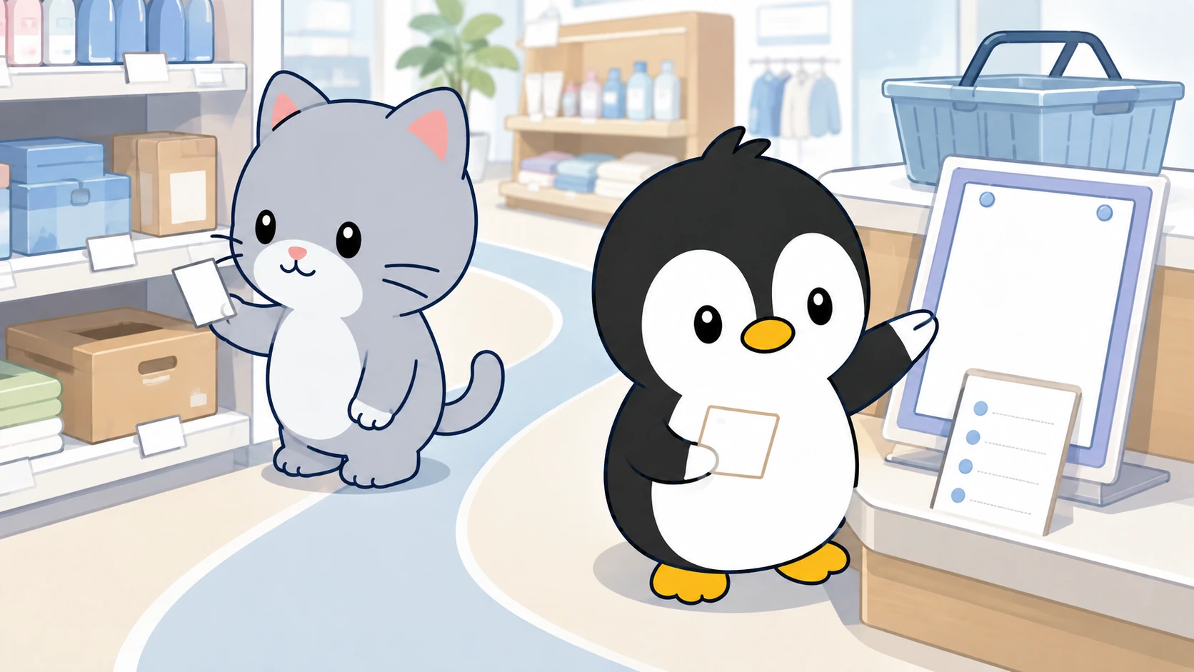 アイペンちゃんとネコが、小売店内で売場と引継ぎチェックを確認している店舗運営向けイラスト
