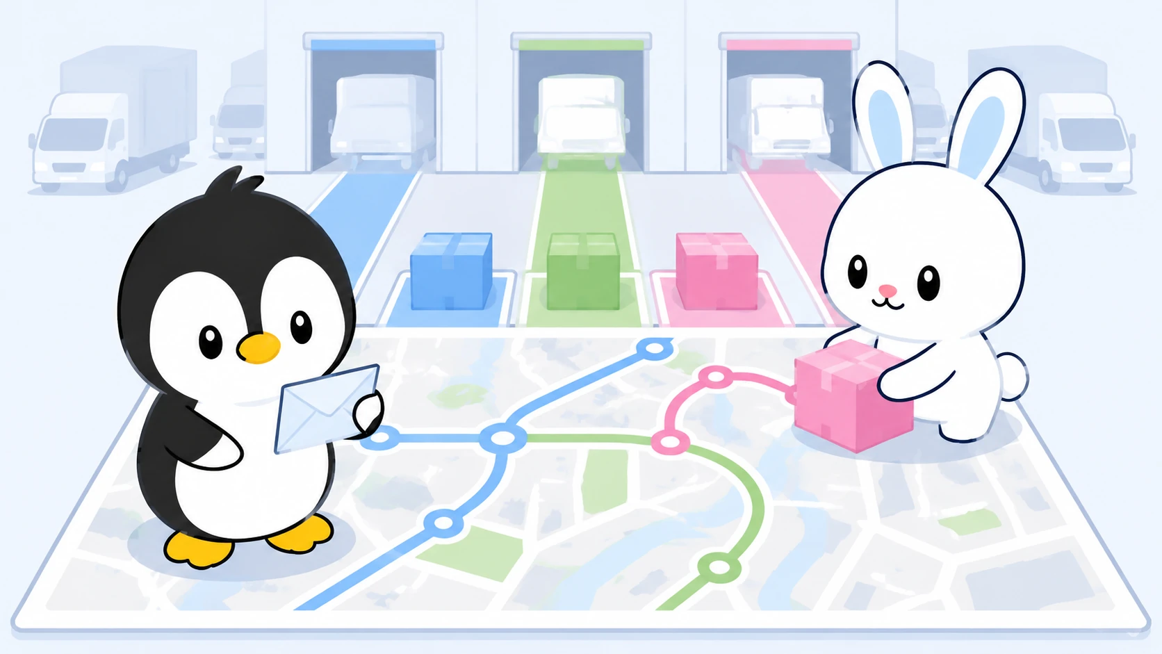 アイペンちゃんとウサギが、地図上の配送ルートと色分けされた荷物を確認している物流管理向けイラスト