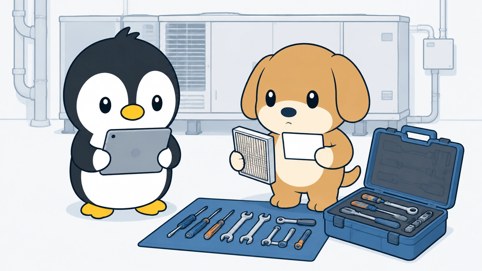 アイペンちゃんとイヌが、空調設備の前で交換フィルターと工具、作業報告用タブレットを確認している保守サービス向けイラスト