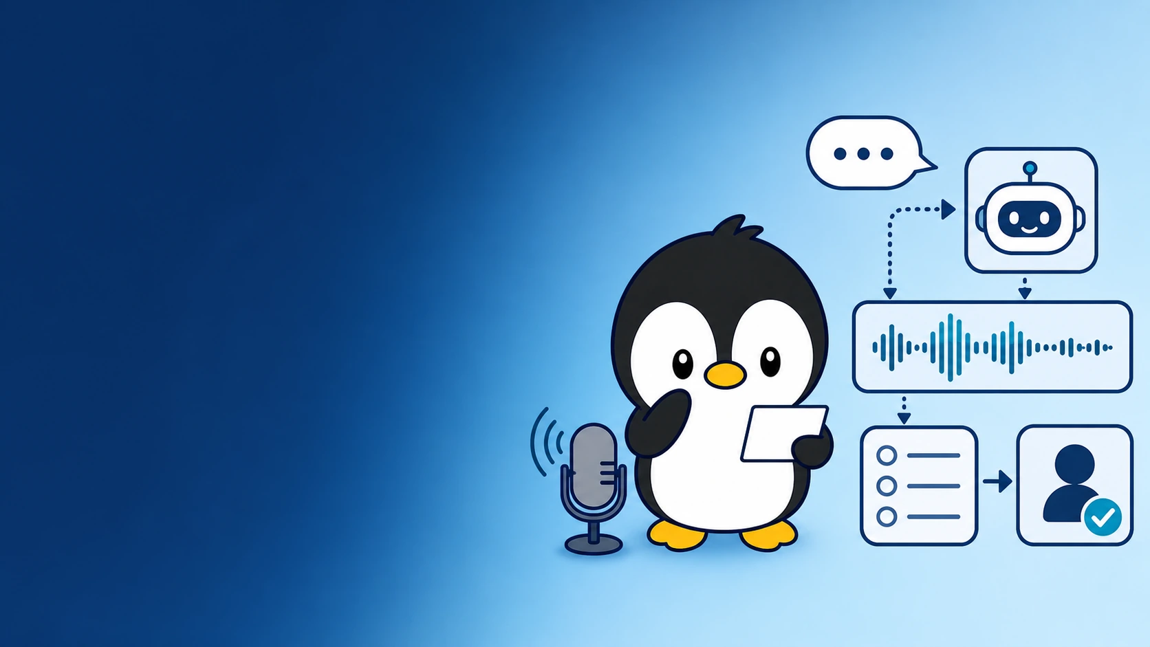 アイペンちゃんが音声対応の接続と確認手順を確認しているイラスト