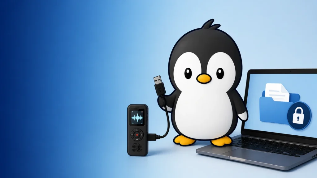 アイペンちゃんが録音機器をPCに接続し、端末内保存を確認しているイラスト