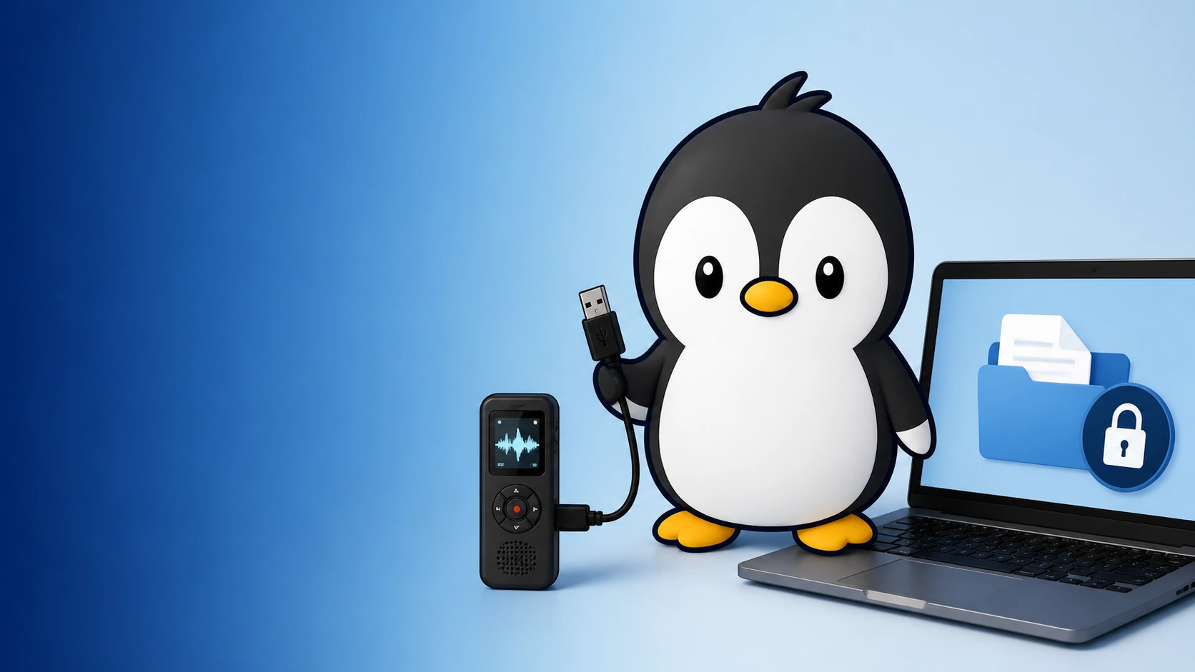 アイペンちゃんが録音機器をPCに接続し、端末内保存を確認しているイラスト