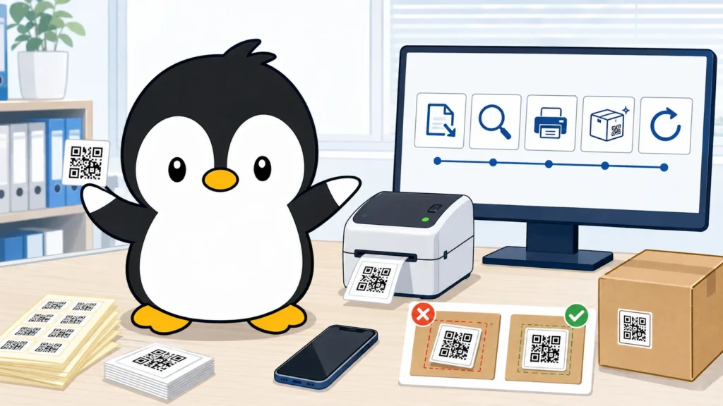 アイペンちゃんがQRコードのラベル印刷と照合を確認しているイラスト