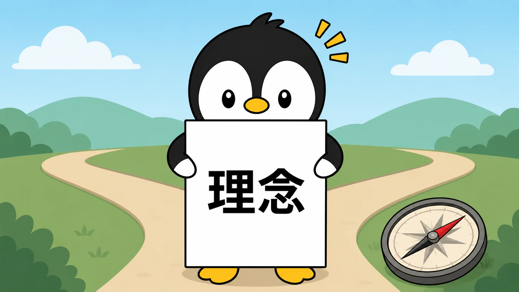 希望に満ちたアイペンちゃんが朝日の差す目標への道を見つめるイラスト