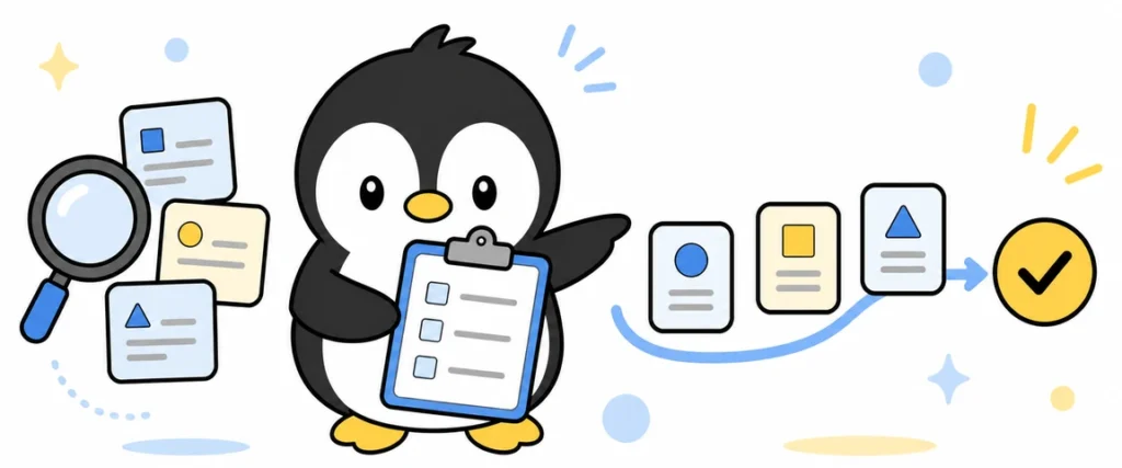 アイペンちゃんが情報を集め、手順を考え、複数の作業を進めるAIエージェントのイラスト
