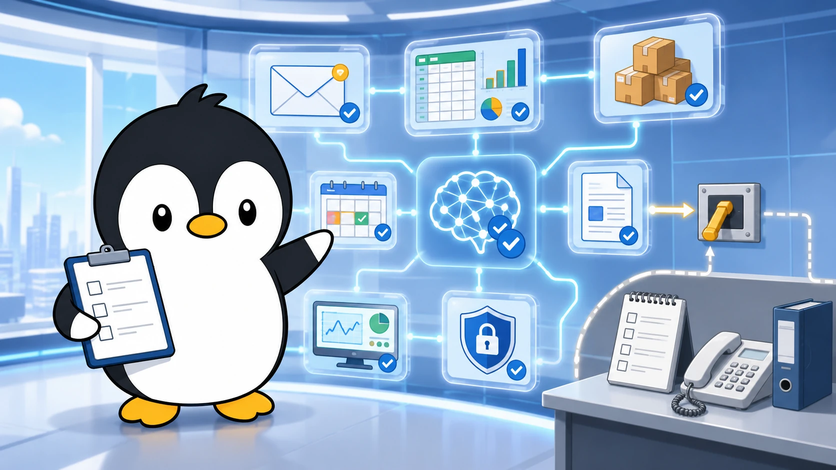 クリップボードを持つペンギンのキャラクターと、メール、表計算、在庫、書類、セキュリティを表す画面がつながった業務自動化のイメージ