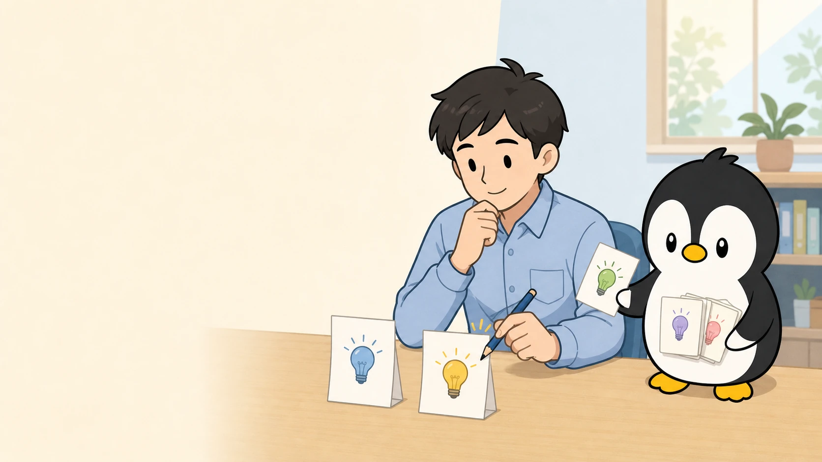 担当者がアイデアカードを比較し、アイペンちゃんが複数の案を示しているイラスト