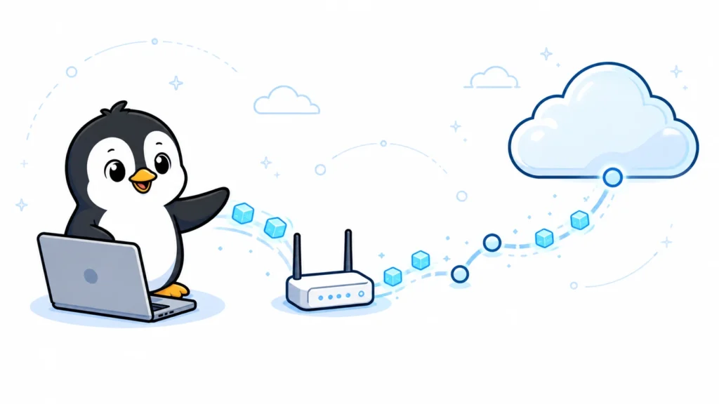 IPの通信経路を案内するアイペンちゃん