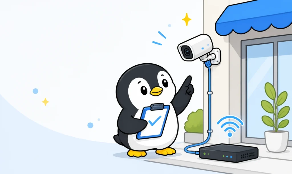 アイペンちゃんが店舗入口のネットワークカメラ、LANケーブル、記録機器を確認しているイラスト