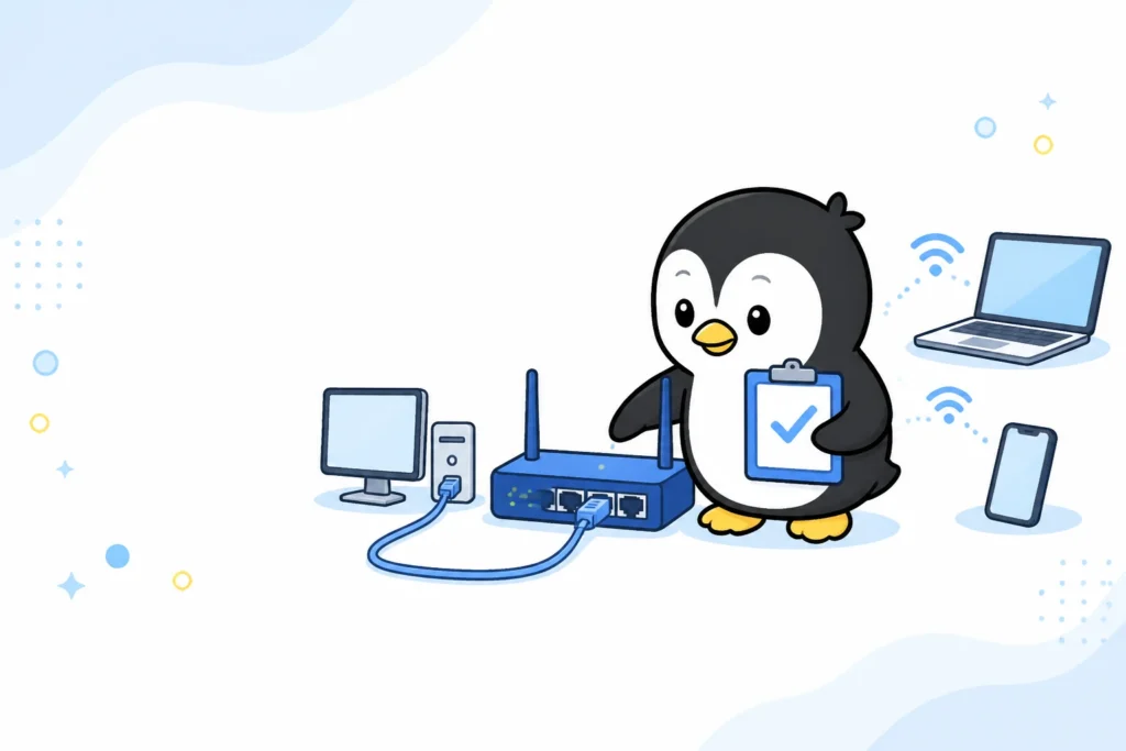 アイペンちゃんがルーター、LANケーブル、Wi-Fiでつながるパソコンとスマートフォンを確認しているイラスト