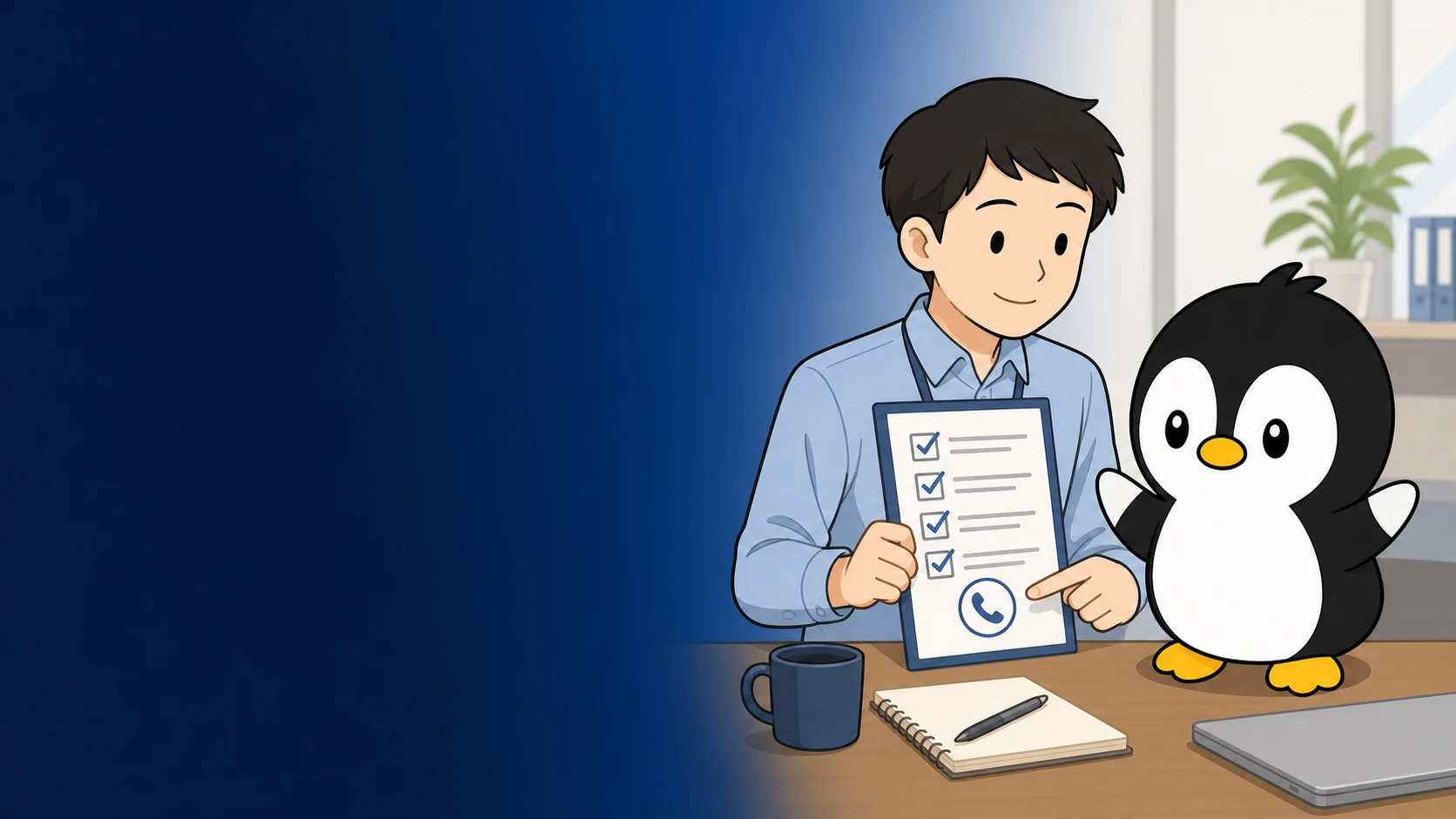 担当者が対応チェックリストと連絡先を確認し、アイペンちゃんがそばで確認するイラスト