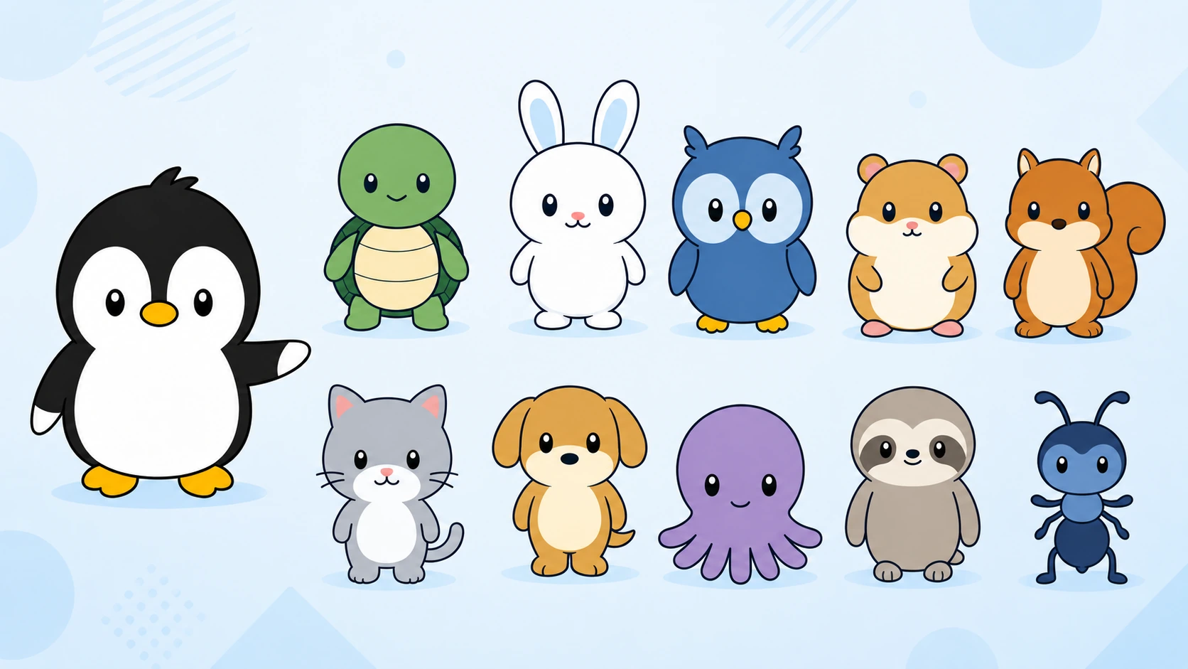 アイペンちゃんと10種類の仲間たちが並ぶイラスト