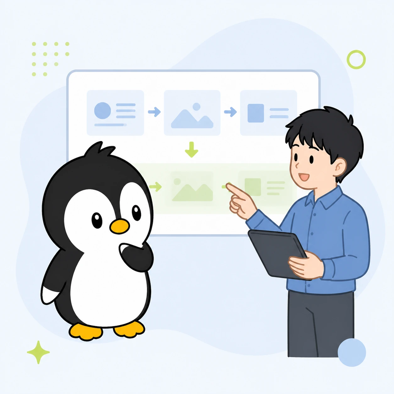 アイペンちゃんと担当者が業務フローを確認しているイラスト