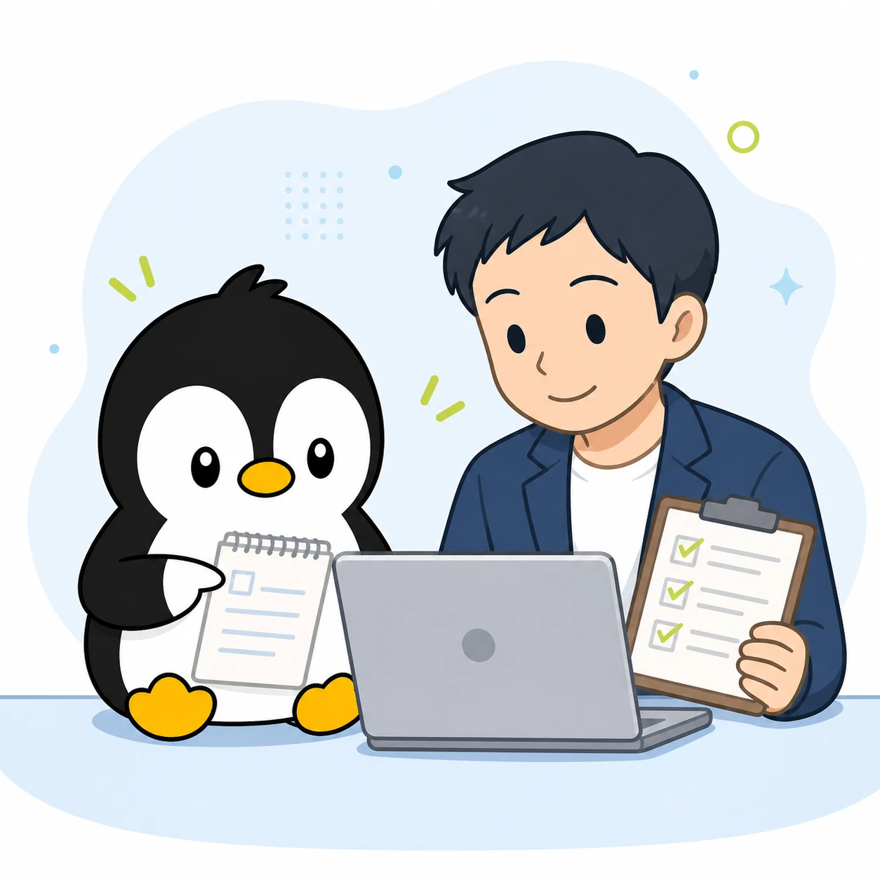アイペンちゃんと担当者がAIの入力内容を確認しているイラスト