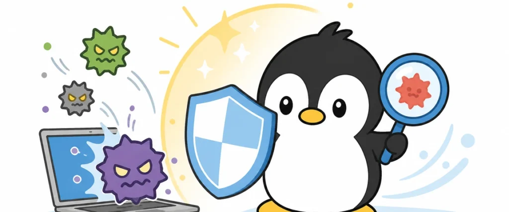 アイペンちゃんがウイルス対策ソフトを学ぶイラスト