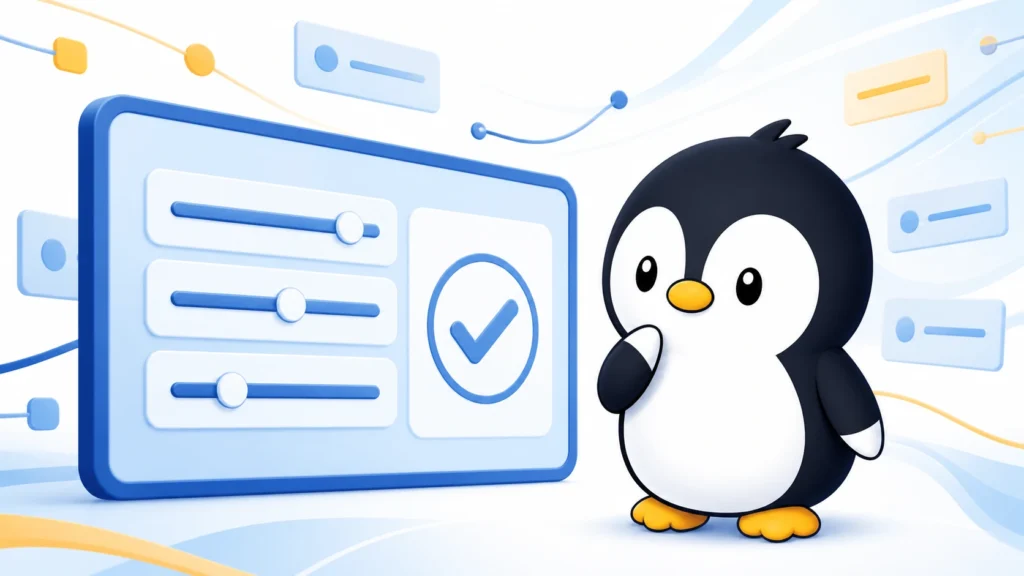 アイペンちゃんが設定スライダーとチェックマークのある画面を確認しているイラスト