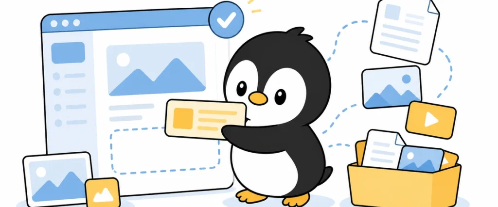アイペンちゃんがCMS（コンテンツ管理システム）を学ぶイラスト