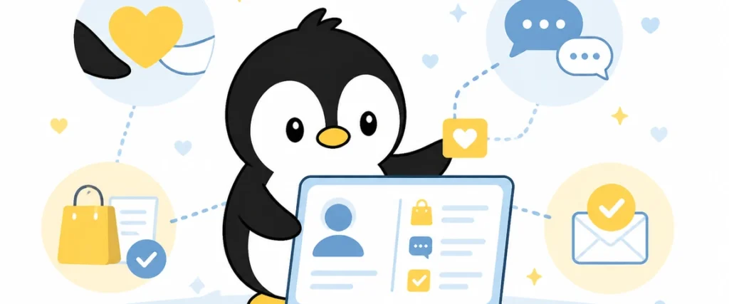 アイペンちゃんがCRM（顧客関係管理）を学ぶイラスト