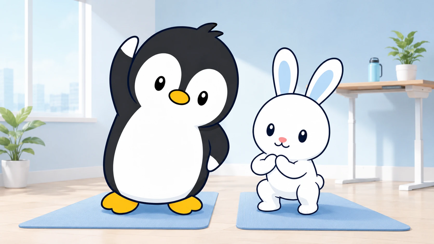 明るい職場で青いマットに立ち、一緒に身体を動かすペンギンとうさぎのキャラクター