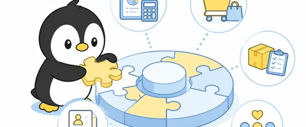 アイペンちゃんがERP（基幹業務システム）を学ぶイラスト