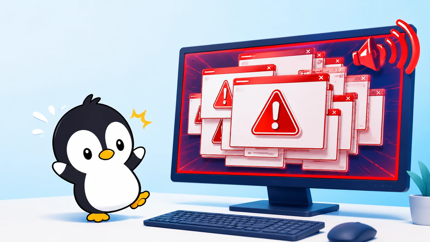偽ウイルス警告が多数表示された画面に驚くペンギンのイラスト