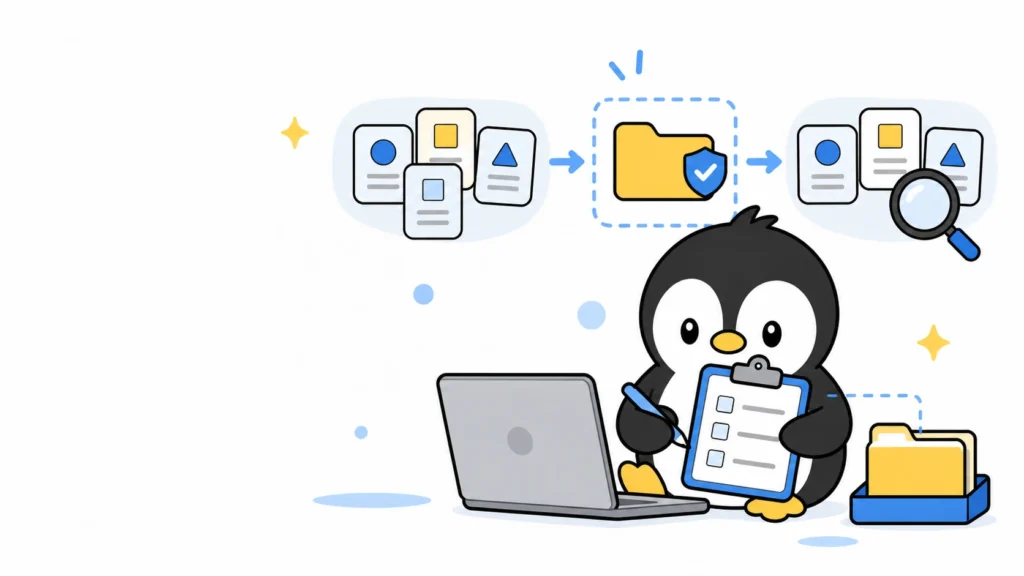 専用の作業フォルダでファイルを確認し、チェックリストを持つアイペンちゃんのイラスト