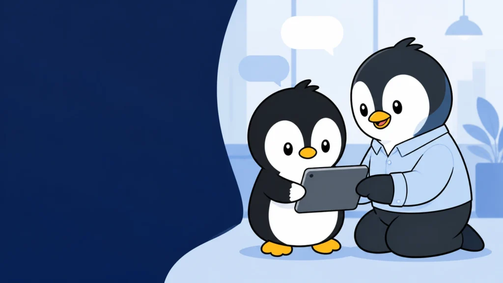 アイペンちゃんと外国人従業員を表すペンギンがタブレットでにこやかに対話しているイラスト