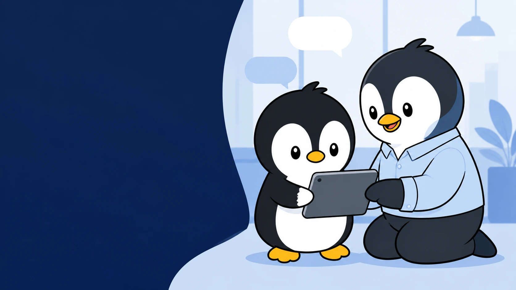アイペンちゃんと外国人従業員を表すペンギンがタブレットでにこやかに対話しているイラスト