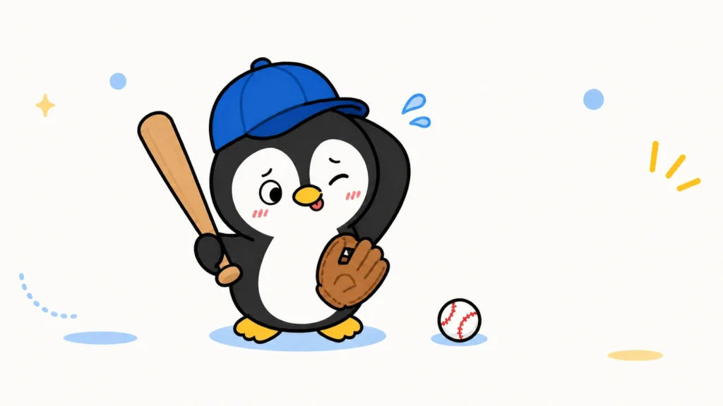 アイペンちゃんが野球のMVPと勘違いしたことに気づき、野球帽、バット、グローブを持ちながら、ウインクと小さく出した舌で照れ笑いしているイラスト