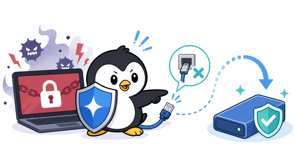 ランサムウェアからPCとバックアップを守るアイペンちゃんのイラスト