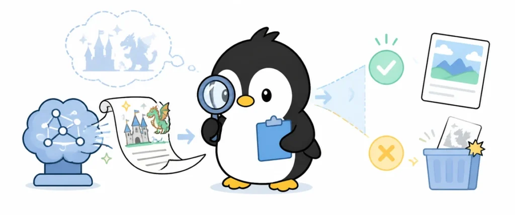 アイペンちゃんがハルシネーション（AIのもっともらしい誤情報）を学ぶイラスト