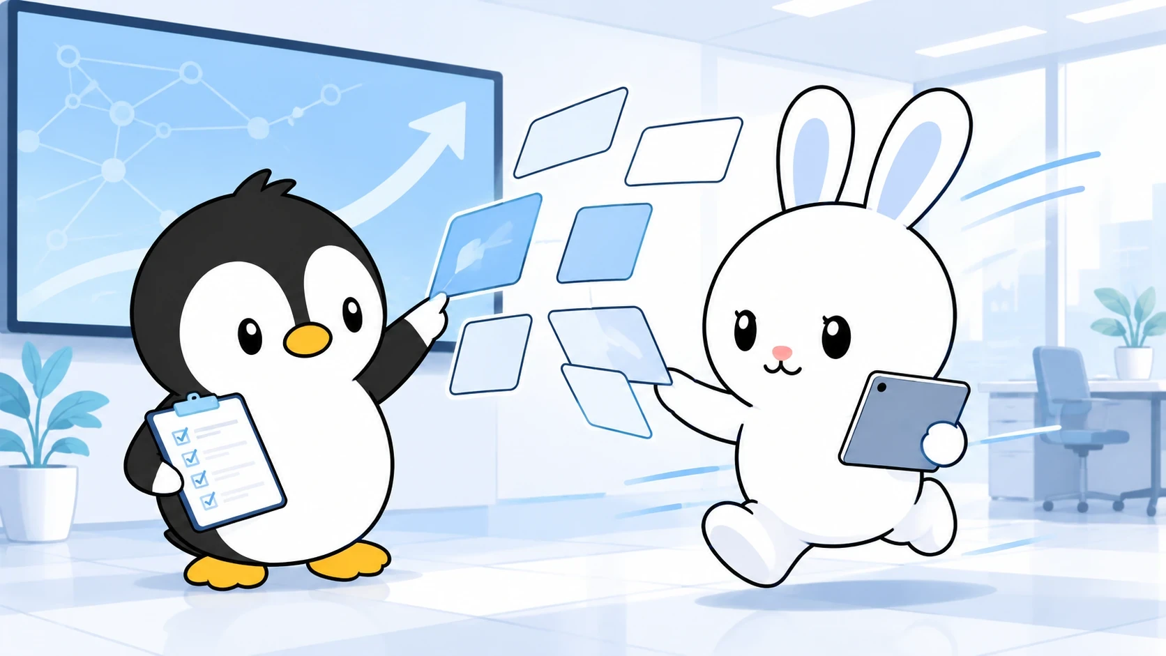 業務フローのカードを確認するペンギンとタブレットを持つうさぎのキャラクター