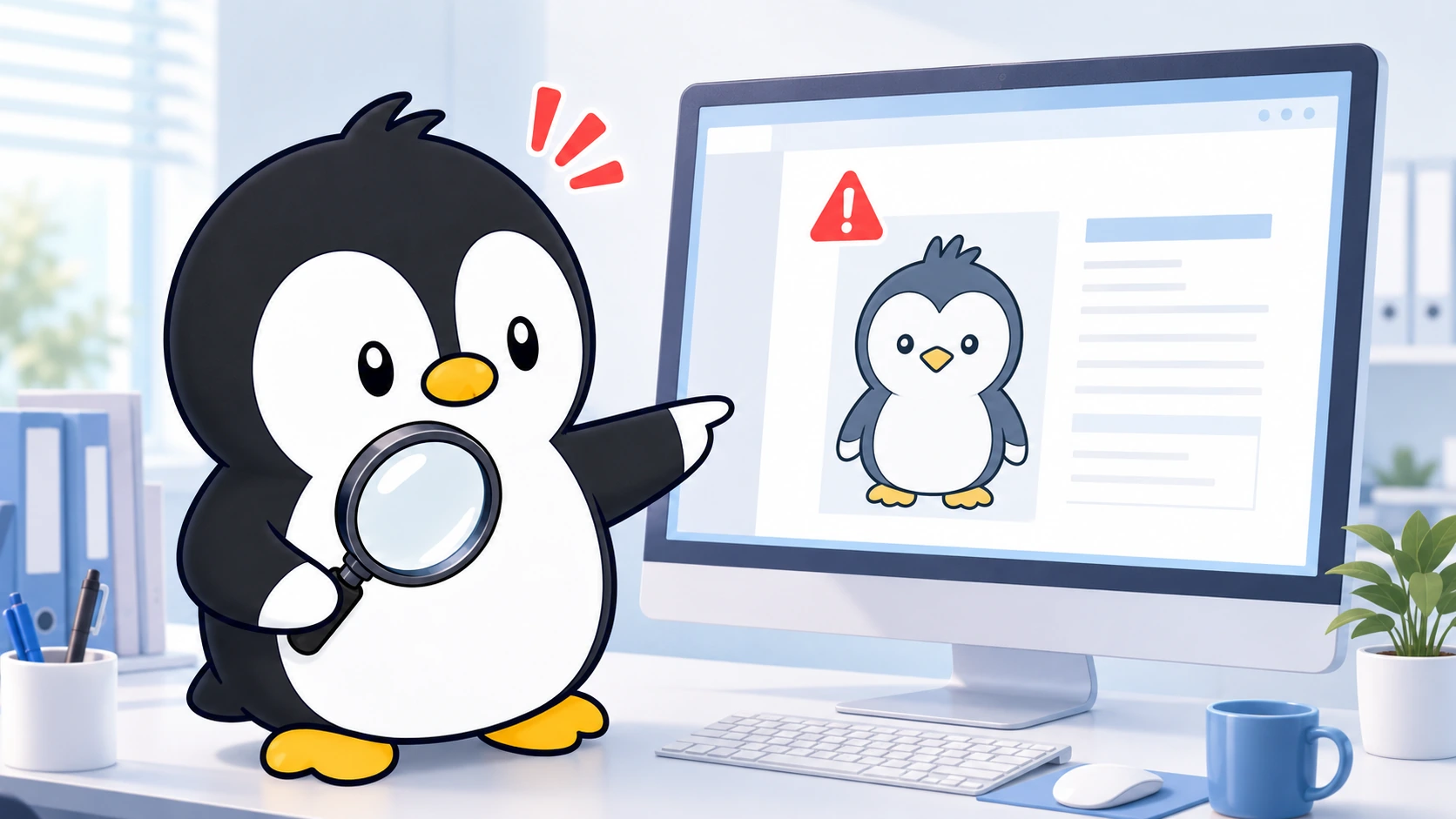 パソコン画面上のペンギンのイラストに無断使用の警告が表示され、虫眼鏡で確認するペンギン