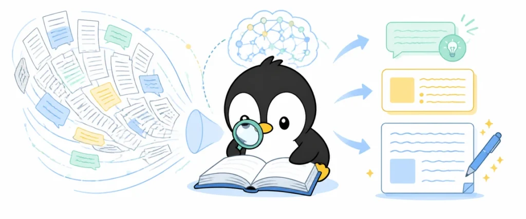 アイペンちゃんが大規模言語モデル（LLM）を学ぶイラスト
