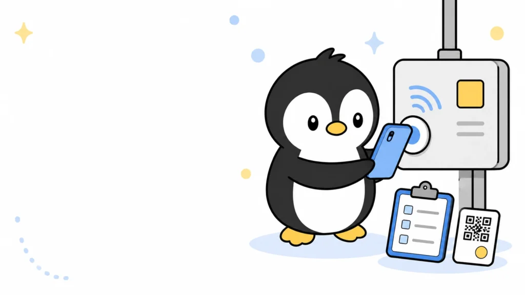 アイペンちゃんが設備に付けたNFCタグへスマートフォンをかざし、記録用のチェックリストを確認しているイラスト