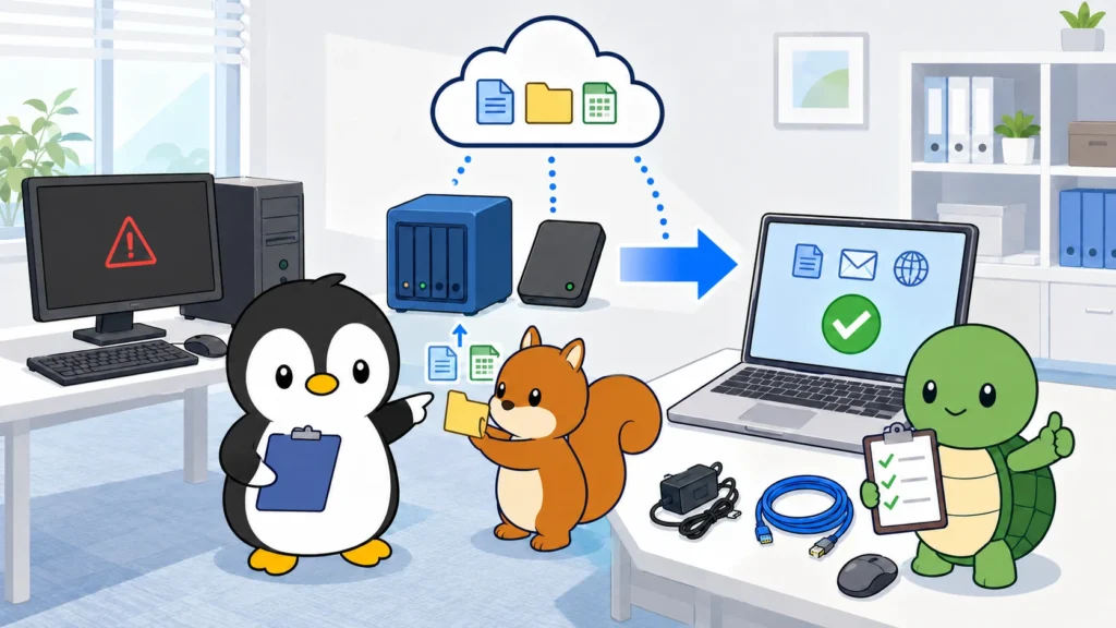 PC故障時にNAS、クラウド、予備機へ切り替えて業務を続ける流れを示すイラスト