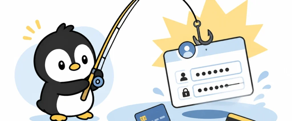 アイペンちゃんがフィッシング詐欺を学ぶイラスト