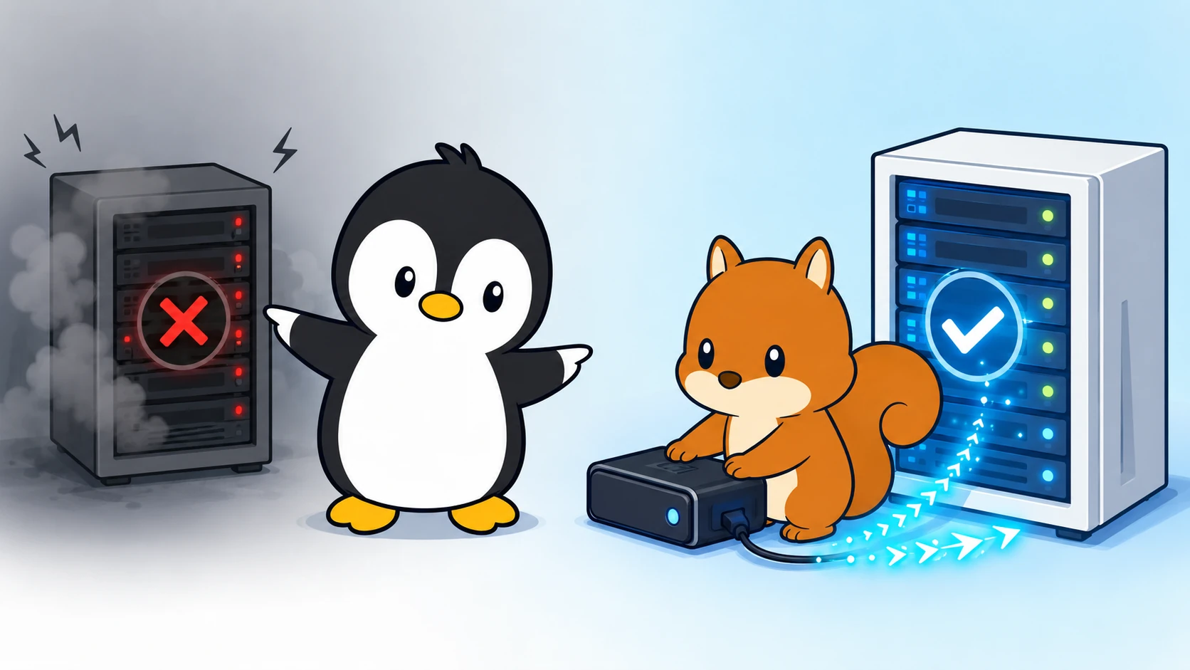 障害で停止したサーバーと、外部バックアップから正常なサーバーへデータを移す様子を示すイラスト