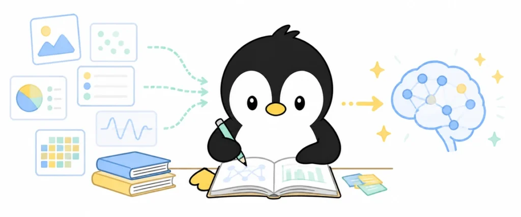 アイペンちゃんが学習データを学ぶイラスト