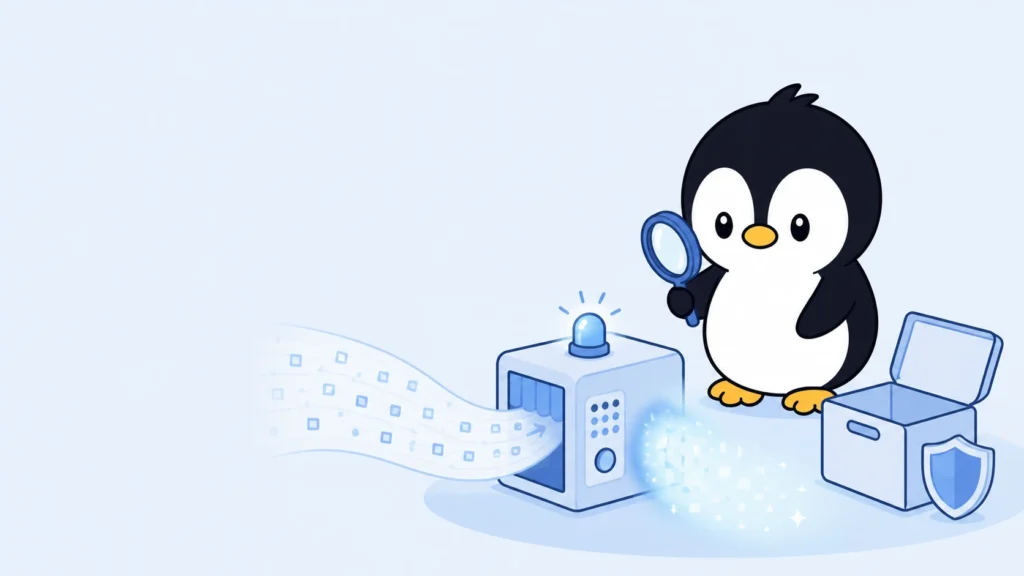 アイペンちゃんが処理後に光へ消えるデータの流れと空の保管箱を確認しているイラスト