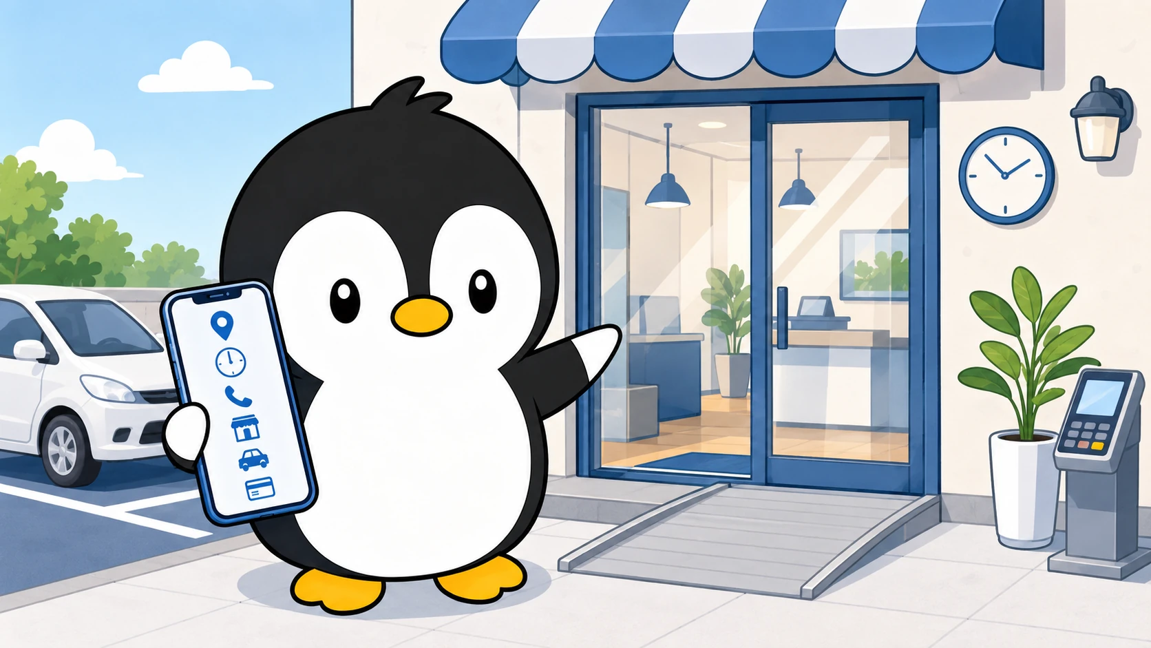 店舗の前でアイペンちゃんがスマートフォンの店舗情報を確認しているイラスト