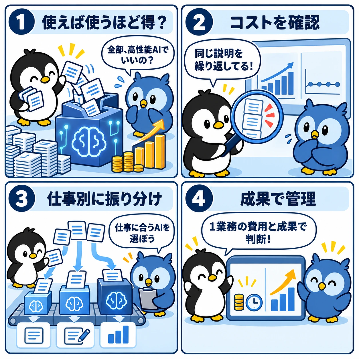AI利用量の確認、重複説明の削減、仕事別のAI振り分け、業務ごとの費用と成果の管理という4つの手順