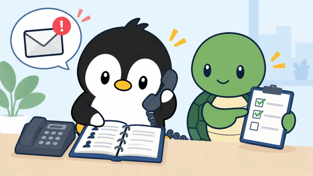 アイペンちゃんが登録済みの電話帳と固定電話で支払い依頼を確認し、カメがチェックリストを示しているイラスト