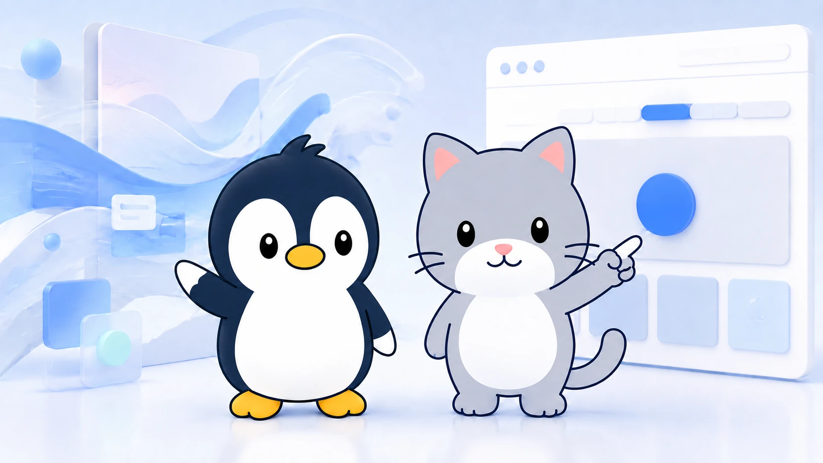 独創的なWebサイトの画面を示しながら、分かりやすい操作を案内するアイペンちゃんと猫のイラスト