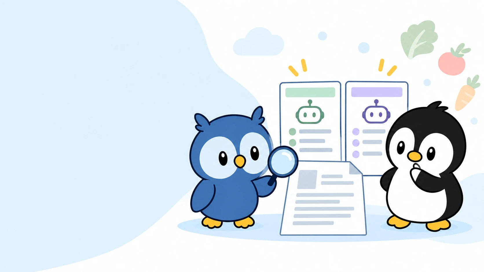 二つのAI回答を並べ、フクロウと一緒に資料を確認するアイペンちゃん