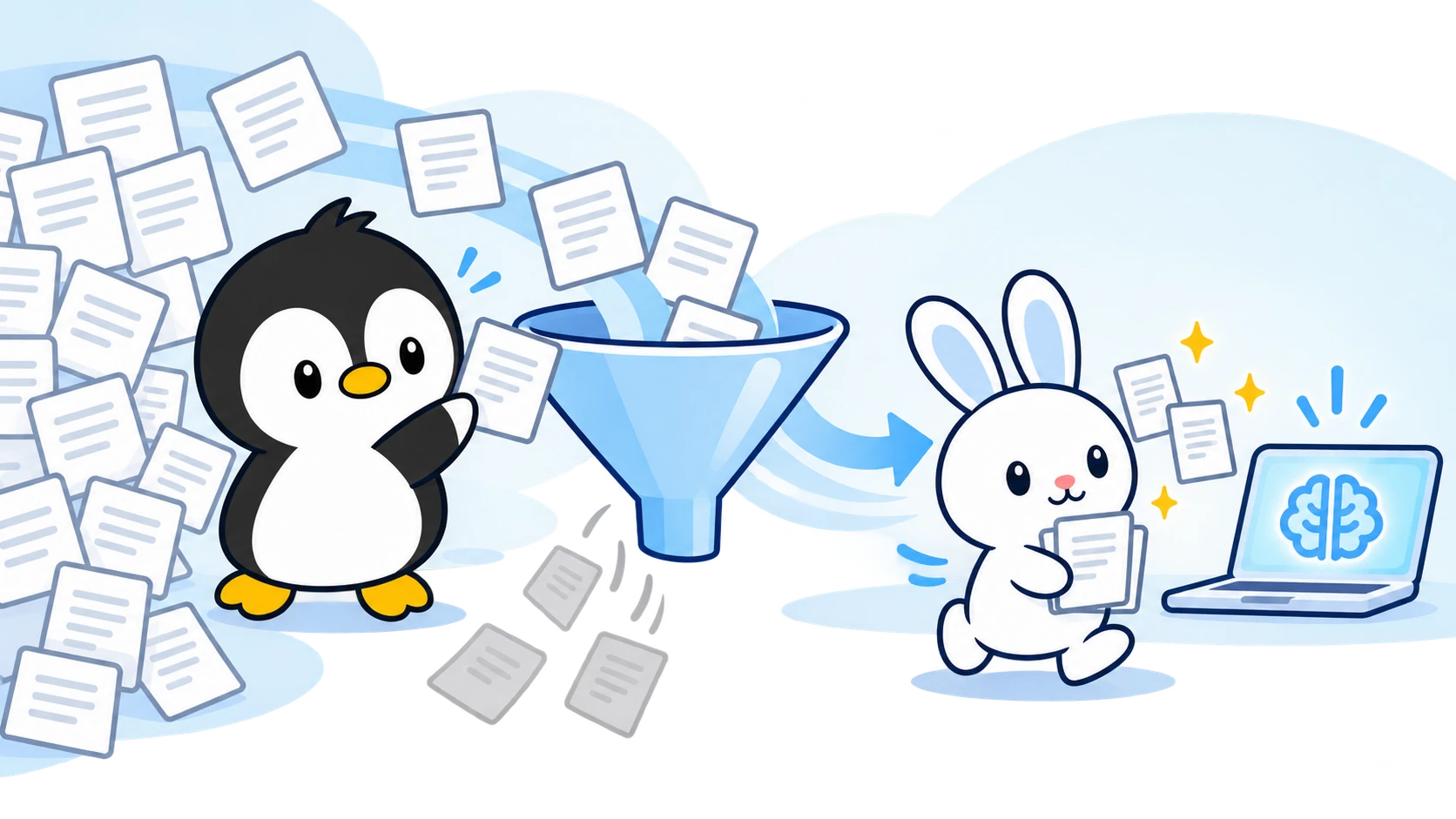 アイペンちゃんが大量の資料を絞り込み、ウサギが必要な資料だけをAI端末へ運んでいるイラスト