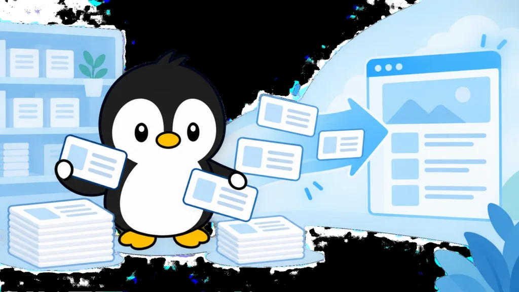 アイペンちゃんが自社の情報を表す記事カードを整え、Webサイトから読者へ届く流れを確認しているイラスト