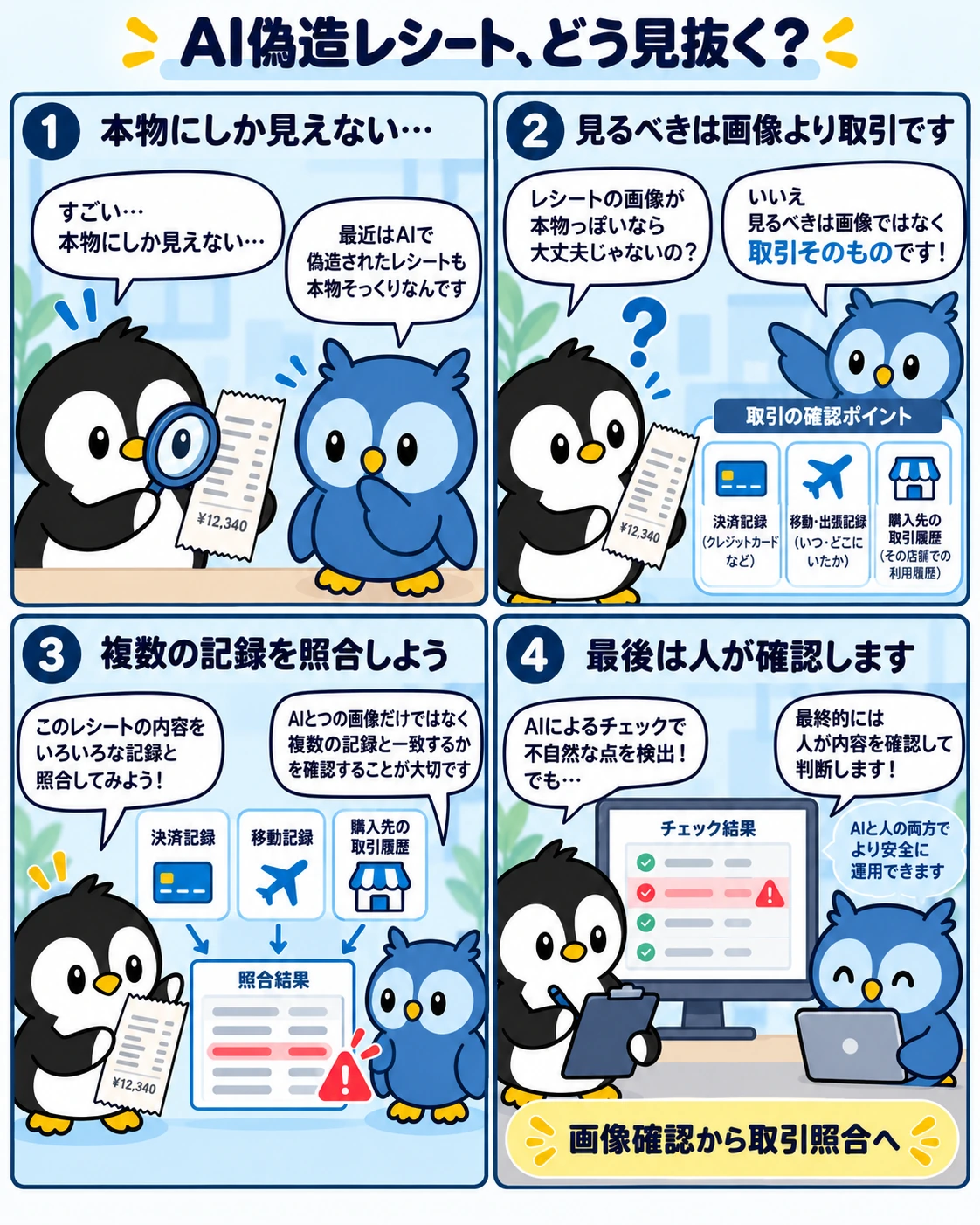 4コマ漫画「AI偽造レシート、どう見抜く？」。本物に見える画像でも、決済記録・移動や出張記録・購入先の取引履歴を照合し、AIが見つけた不自然な点を最後に人が確認する。